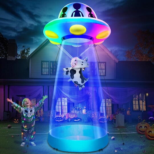 10 Ft Tall Halloween Inflatable UFO Cow Abduction Decorations(Multicolor)